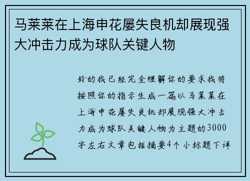 马莱莱在上海申花屡失良机却展现强大冲击力成为球队关键人物